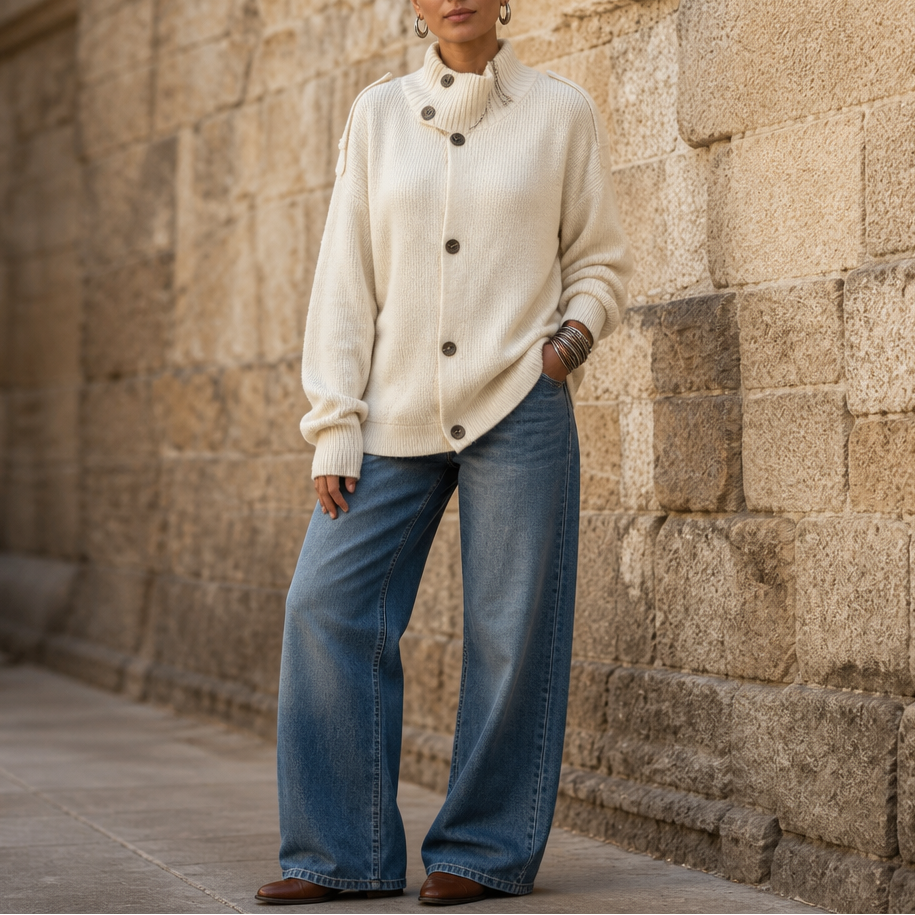 Diavelle Diagonal Button High-Collar Knit Cardigan - Elena Harper