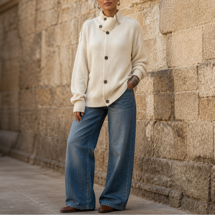 Diavelle Diagonal Button High-Collar Knit Cardigan - Elena Harper
