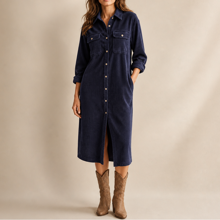 Corvella Ribbed Corduroy Button-Front Shirt Dress - Elena Harper