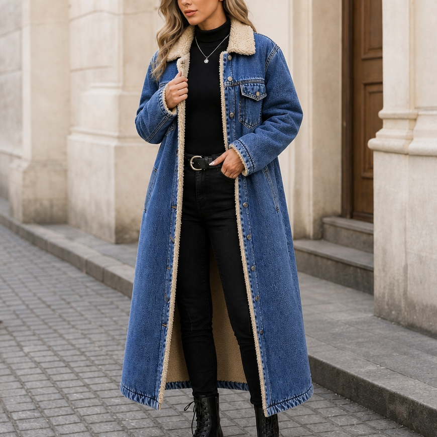 Denora Sherpa-Lined Full-Length Denim Coat - Elena Harper