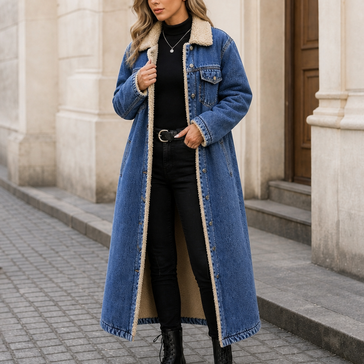 Denora Sherpa-Lined Full-Length Denim Coat - Elena Harper