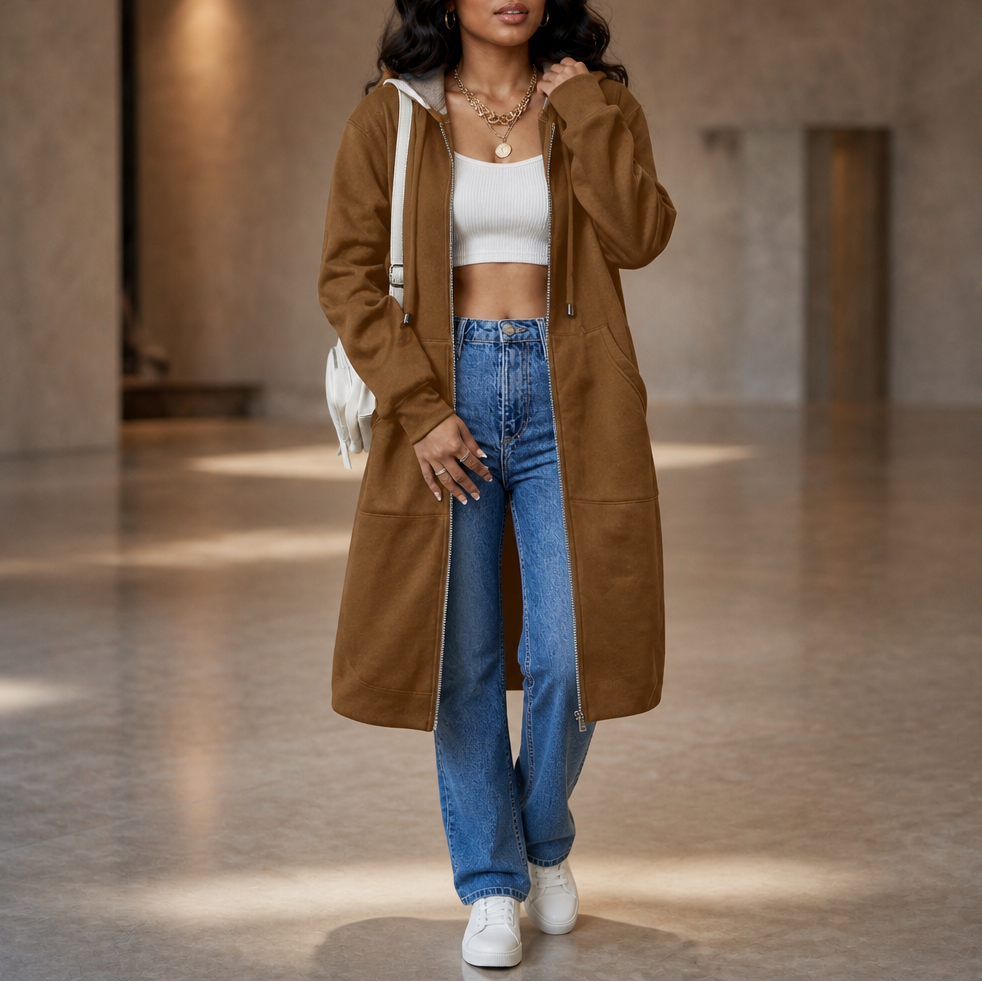 Cozyline Fleece-Lined Tunic-Length Zip-Up Hoodie - Elena Harper