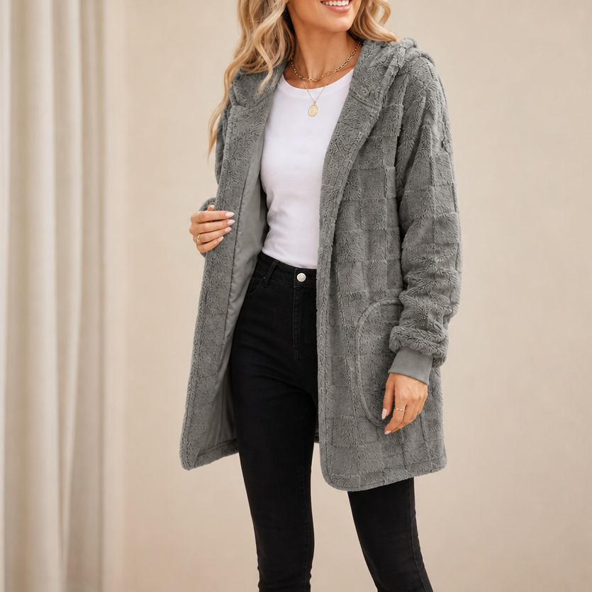 Checkora Fluffy Checked Open-Front Cardigan - Elena Harper