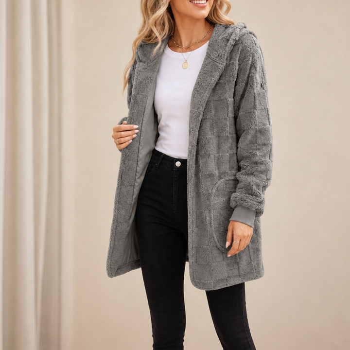 Checkora Fluffy Checked Open-Front Cardigan - Elena Harper
