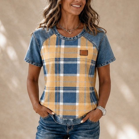 Denimelle Denim-Look Yoke Ribbed Color-Block Top - Elena Harper