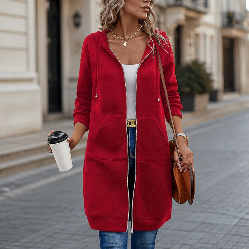 Easebella – Mid-Length Zip-Up Hooded Knit Cardigan
