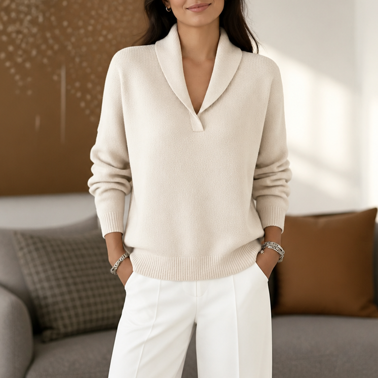 Antonia – Draped Shawl-Collar V-Neck Sweater