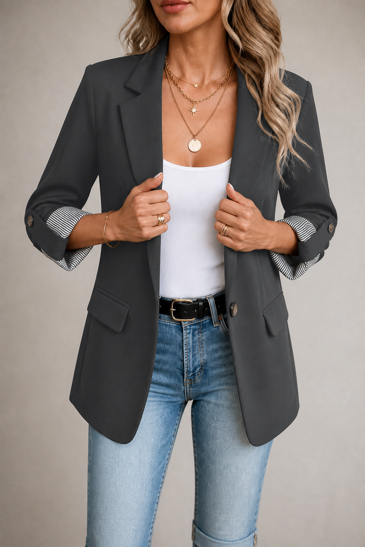 Cuffley Striped-Cuff Roll-Sleeve Tailored Blazer - Elena Harper