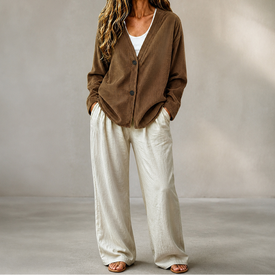 Corabelle Rib Open-Front V-Neck Cardigan - Elena Harper