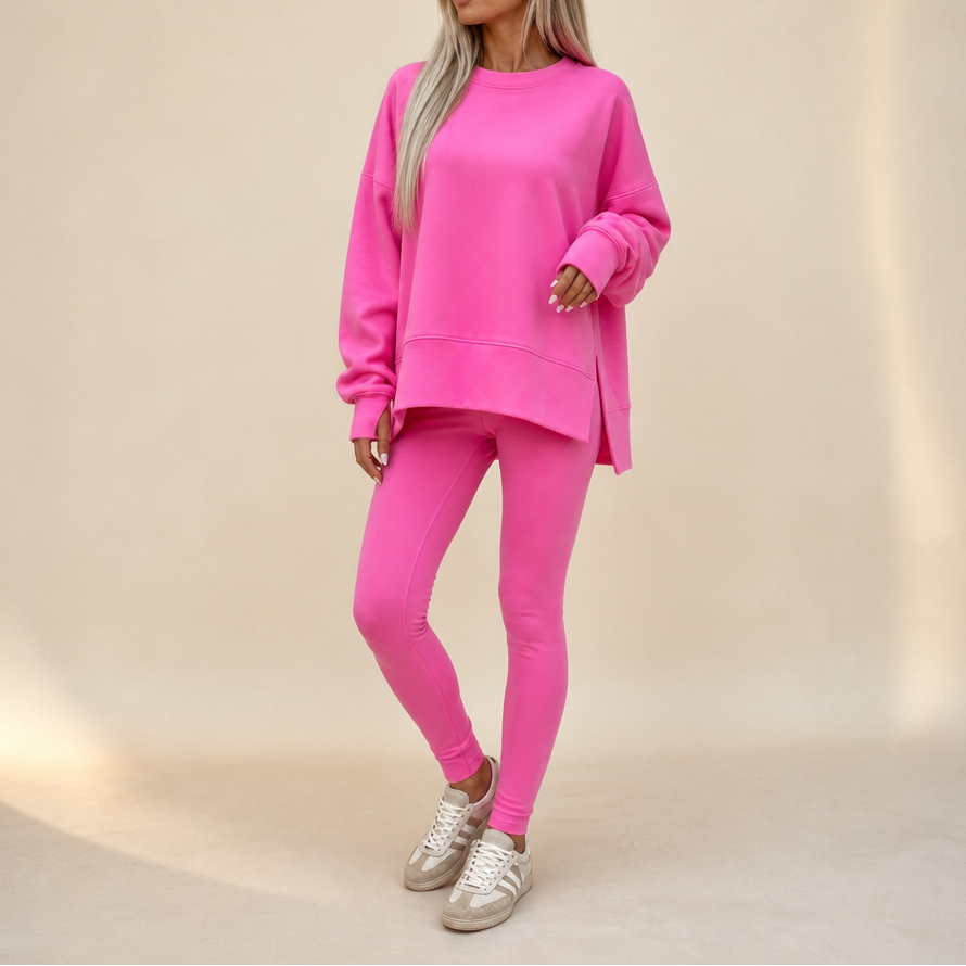 Cozelle Thumbhole Sleeve Side-Slit Loungewear Set - Elena Harper