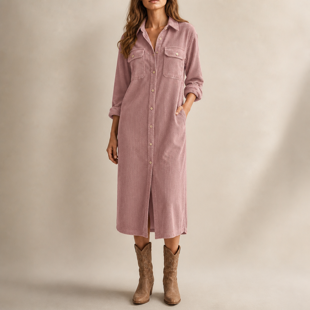 Corvella Ribbed Corduroy Button-Front Shirt Dress - Elena Harper