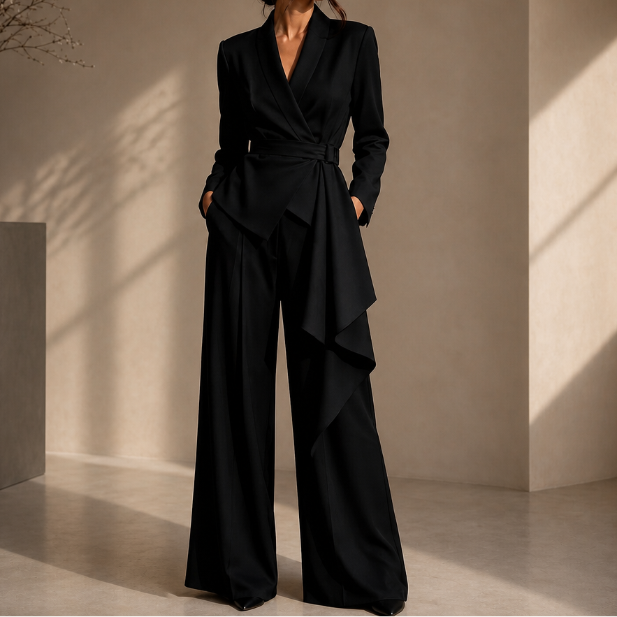 Drapevera Buckle-Belted Wrap Blazer And Wide-Leg Trouser Set - Elena Harper