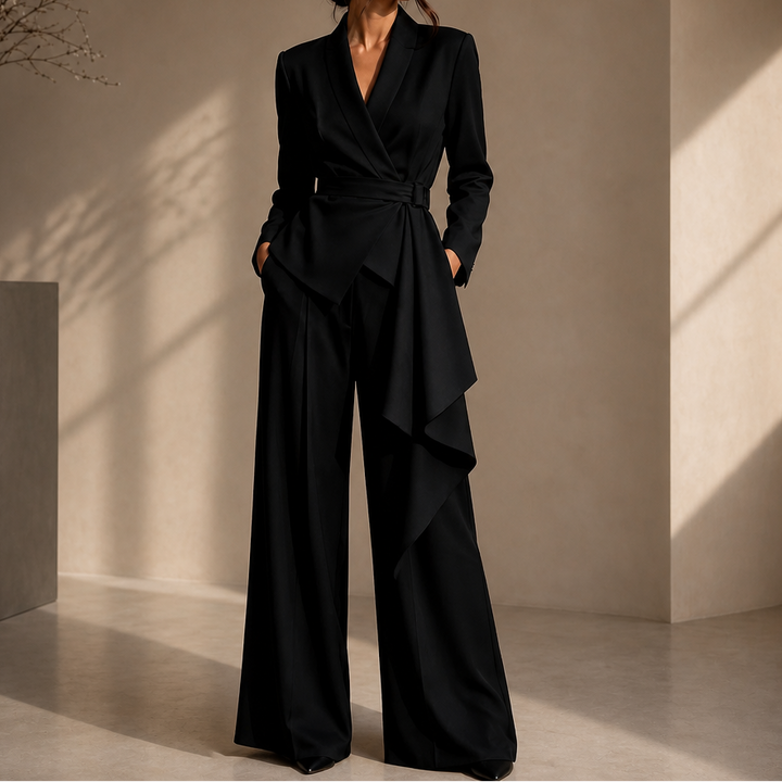Drapevera Buckle-Belted Wrap Blazer And Wide-Leg Trouser Set - Elena Harper