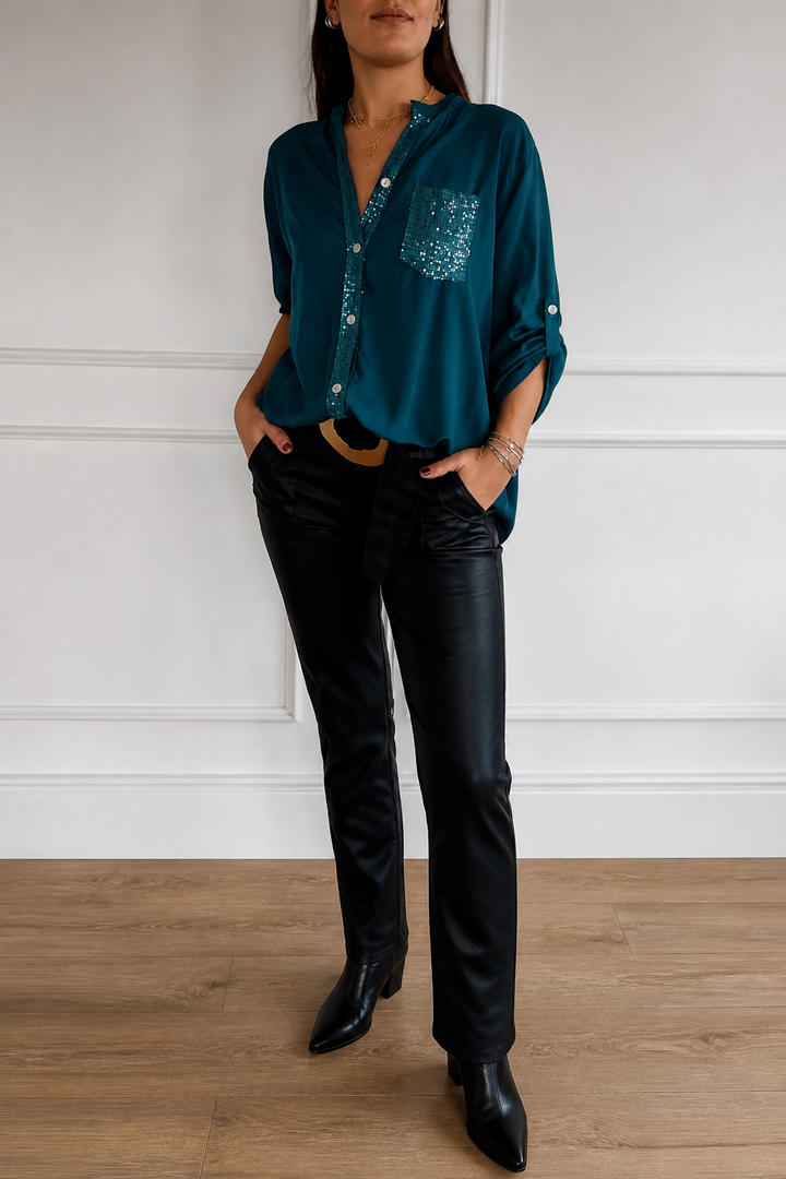 Duskglint Sequin Pocket Panel Button-Down Top - Elena Harper