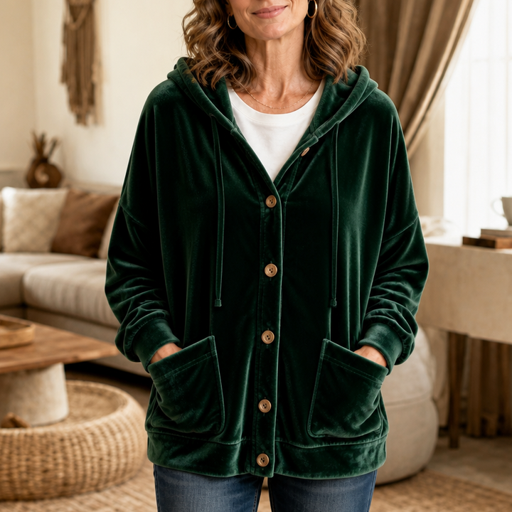 Coziva Hooded Button-Front Velour Cardigan - Elena Harper