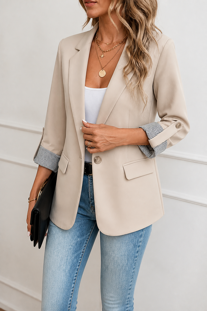 Cuffley Striped-Cuff Roll-Sleeve Tailored Blazer - Elena Harper
