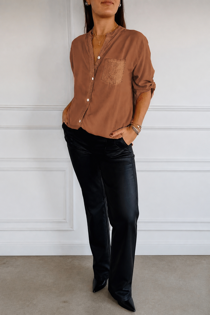 Duskglint Sequin Pocket Panel Button-Down Top - Elena Harper