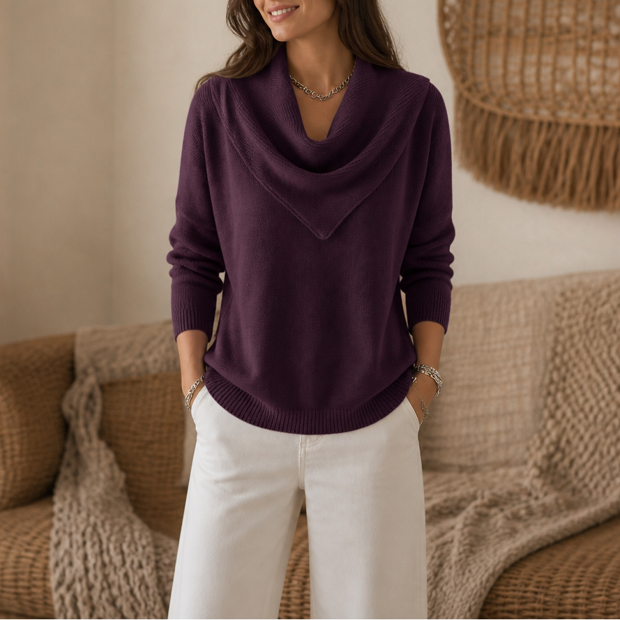 Collarvie Draped Open-Collar Cowl Neck Sweater - Elena Harper