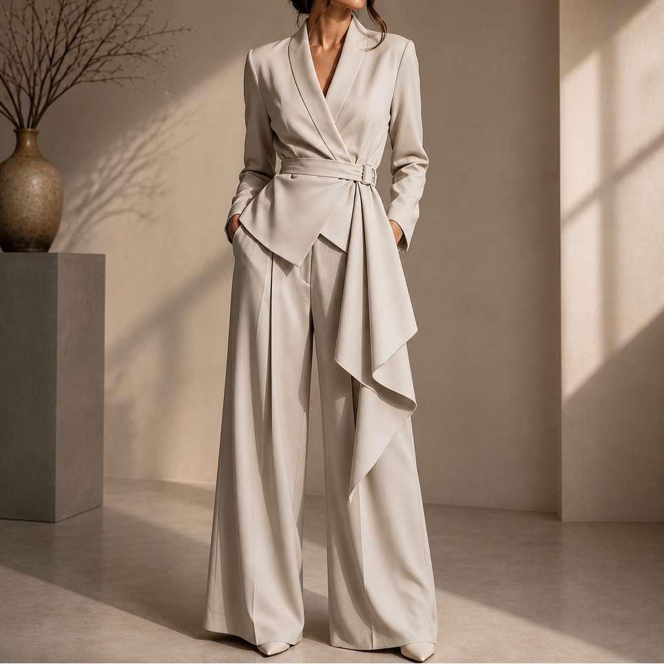 Drapevera Buckle-Belted Wrap Blazer And Wide-Leg Trouser Set - Elena Harper