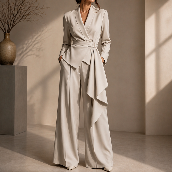 Drapevera Buckle-Belted Wrap Blazer And Wide-Leg Trouser Set - Elena Harper