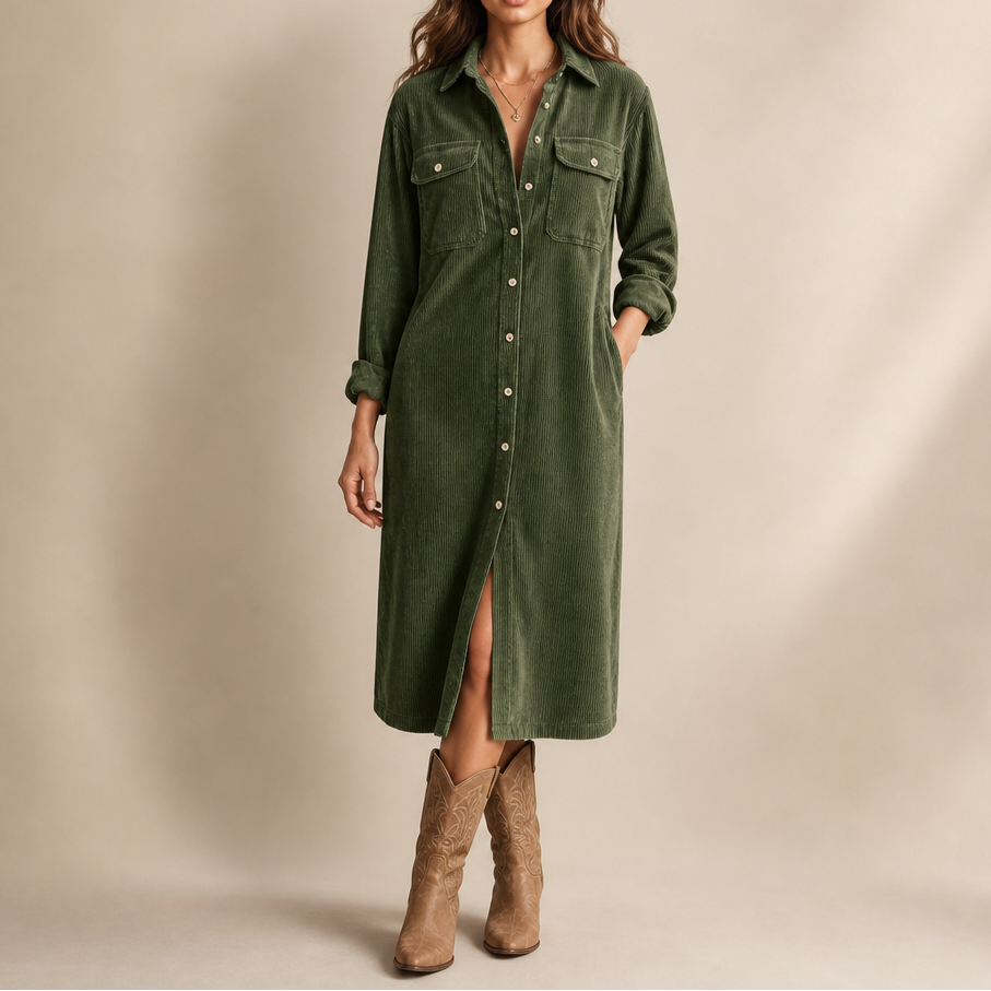 Corvella Ribbed Corduroy Button-Front Shirt Dress - Elena Harper