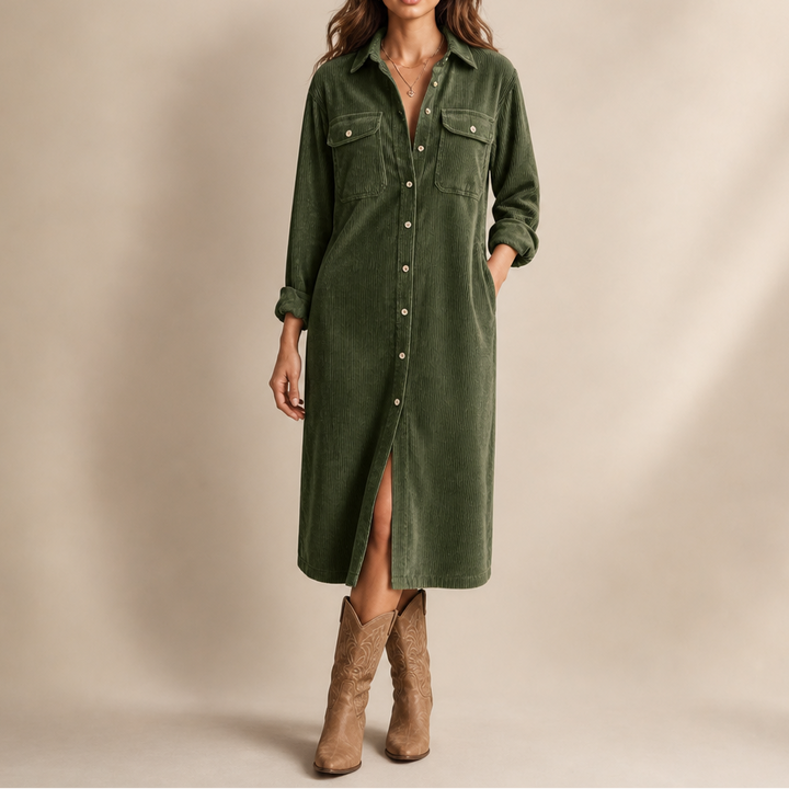 Corvella Ribbed Corduroy Button-Front Shirt Dress - Elena Harper
