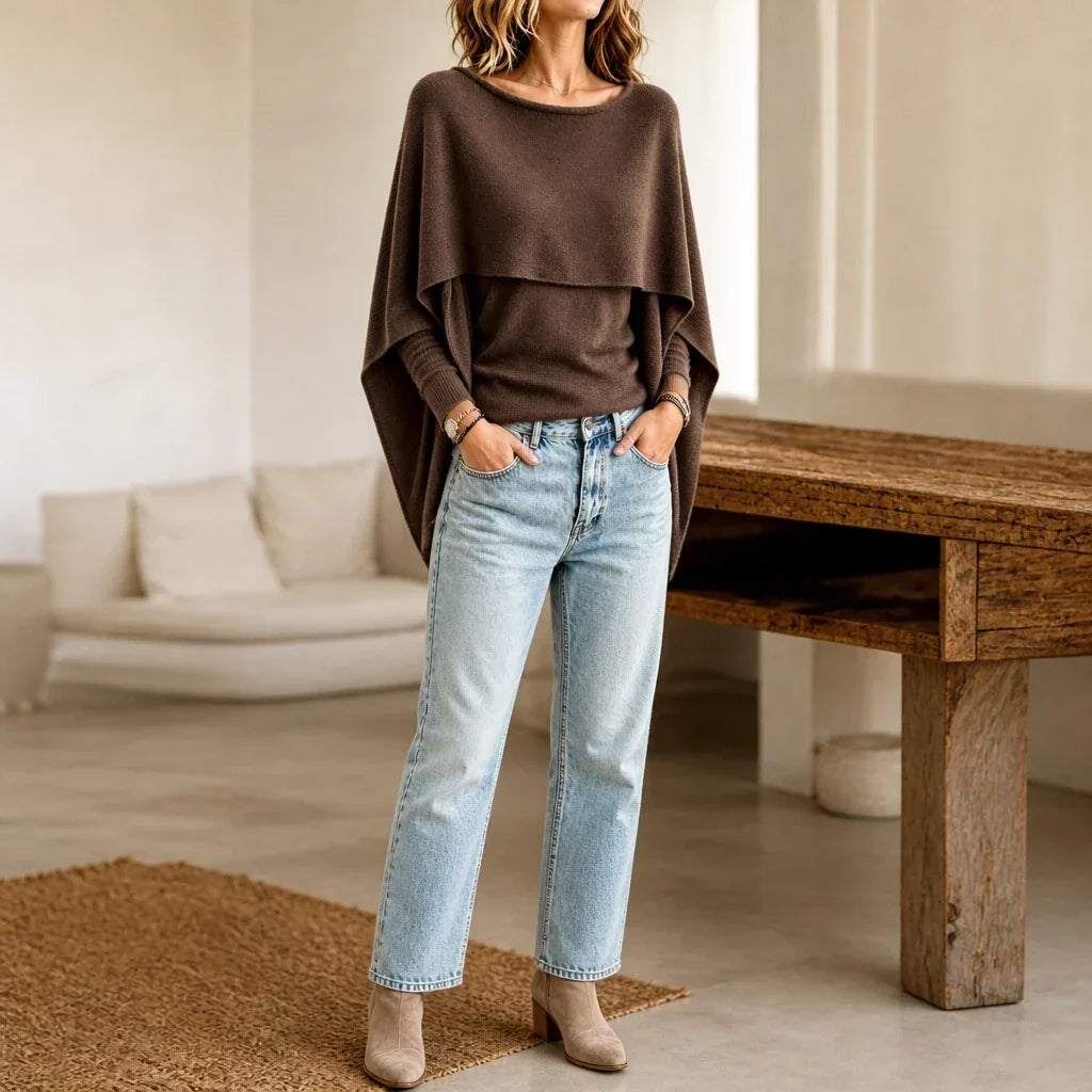 Druni Chic Layered Cape-Shoulder Knit Top - Elena Harper