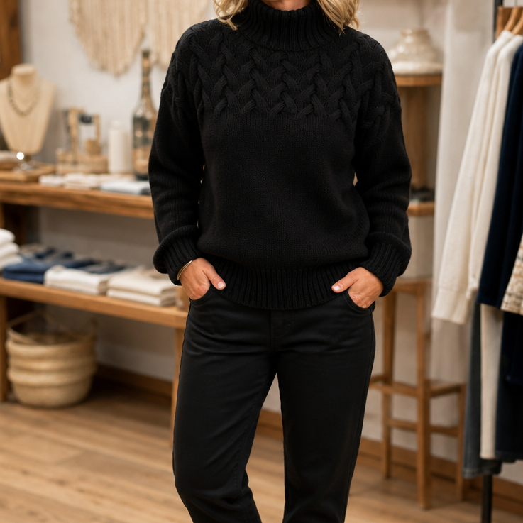 Cozette Braided Cable-Knit Turtleneck Sweater - Elena Harper