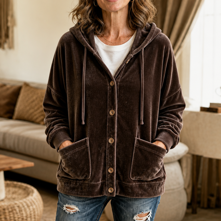 Coziva Hooded Button-Front Velour Cardigan - Elena Harper