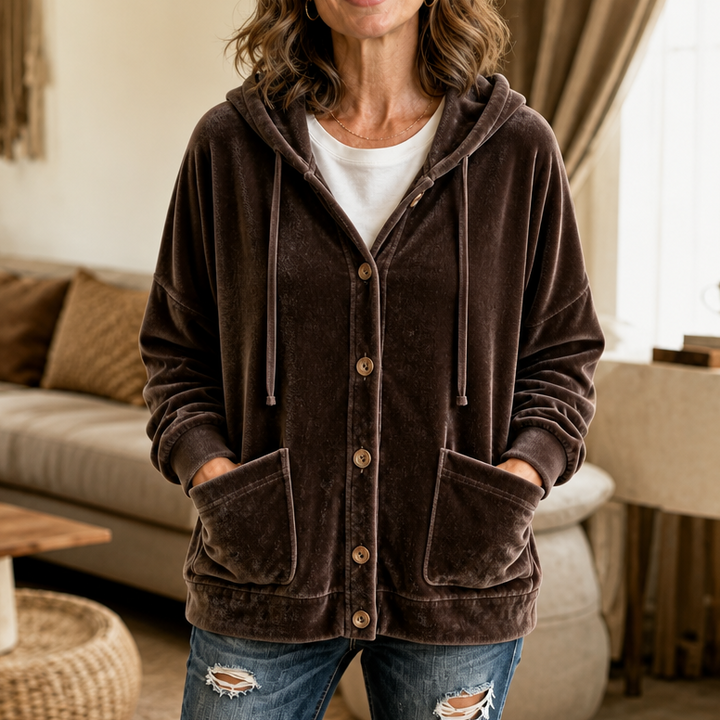 Coziva Hooded Button-Front Velour Cardigan - Elena Harper
