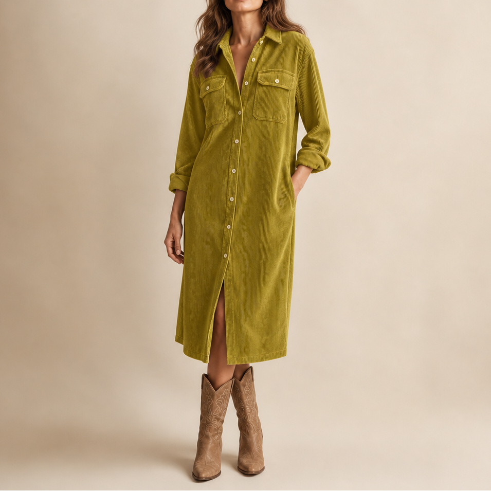 Corvella Ribbed Corduroy Button-Front Shirt Dress - Elena Harper