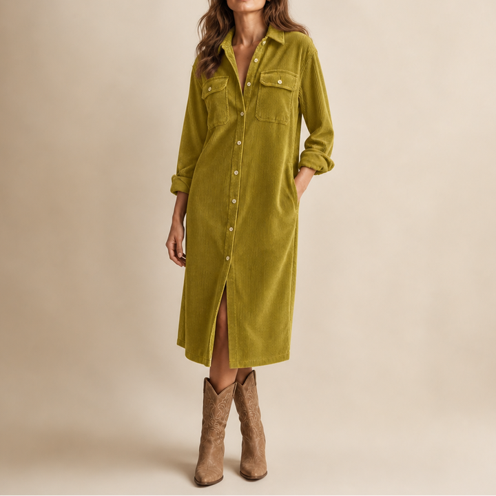 Corvella Ribbed Corduroy Button-Front Shirt Dress - Elena Harper