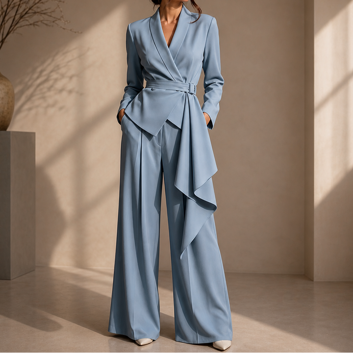 Drapevera Buckle-Belted Wrap Blazer And Wide-Leg Trouser Set - Elena Harper