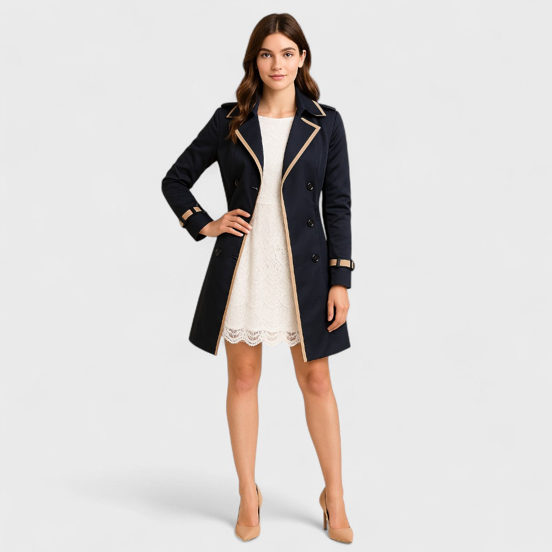 Maya Double-breasted trench coat with contrasting finishes, view 2 - Elena Harper