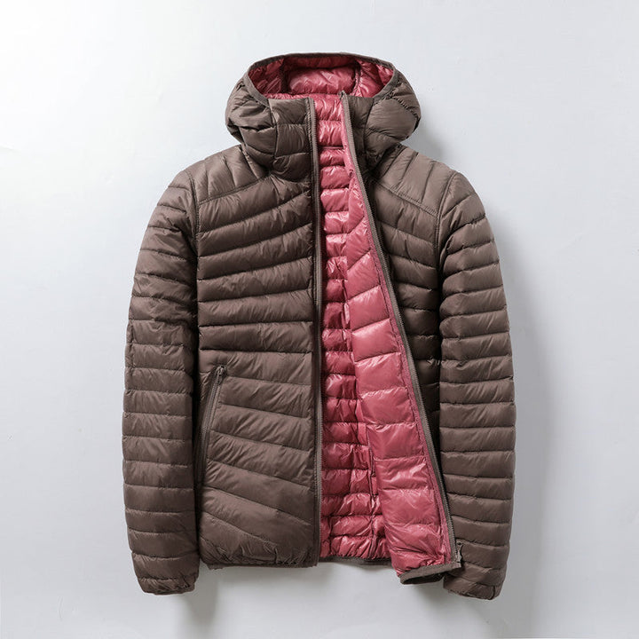 Ultra-Lightweight Hooded Down Jacket for Women – Warm Reversible Polyester Coat