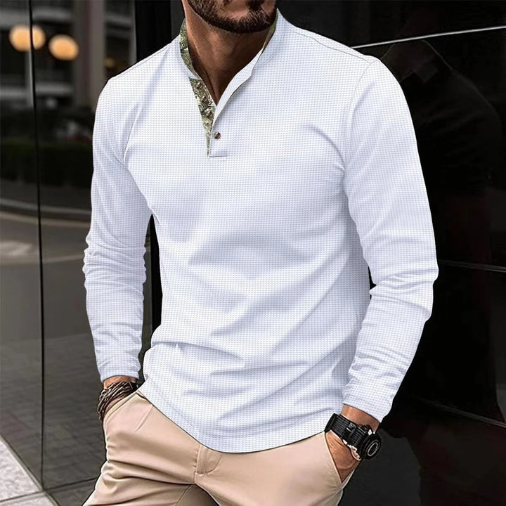 Men's Slim-Fit Long Sleeve Henley Shirt with Mandarin Collar