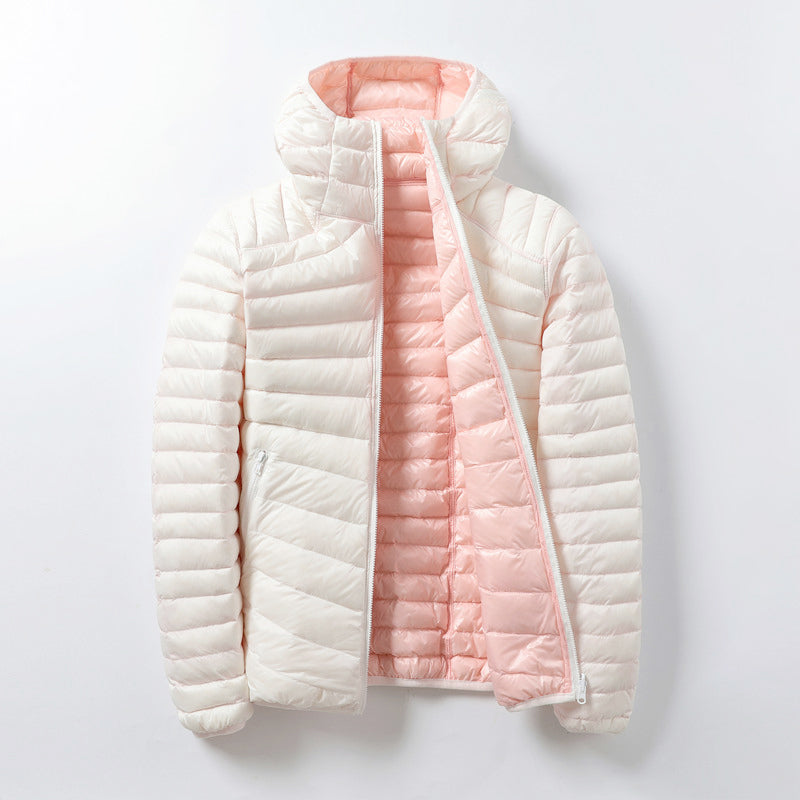 Ultra-Lightweight Hooded Down Jacket for Women – Warm Reversible Polyester Coat
