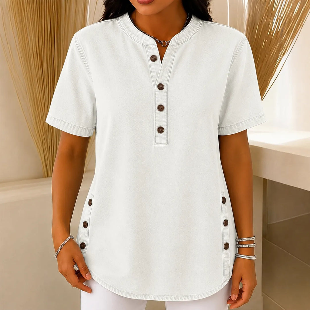 Avelyn Henley Tunic Top with Side Buttons for Women - Elena Harper