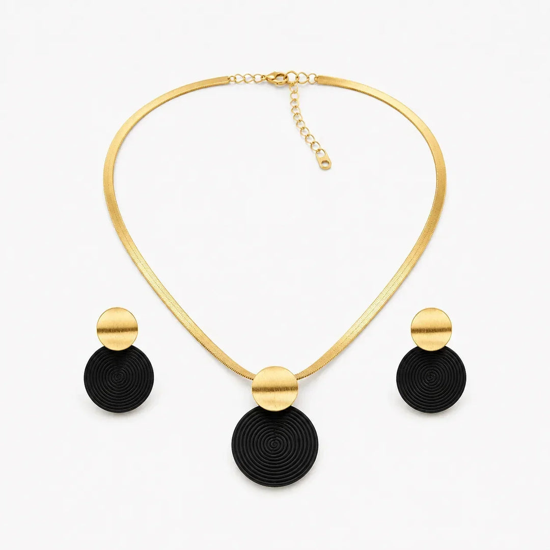 Aurenza Gold necklace and earring set, textured medallion, flat snake chain - Elena Harper