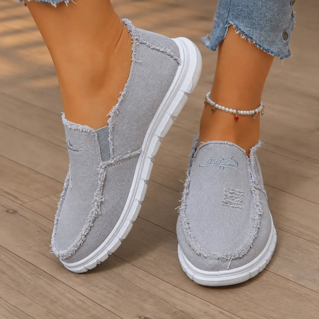 Breeza Women's Distressed Canvas Slip-On Loafers with Frayed Edges - Elena Harper