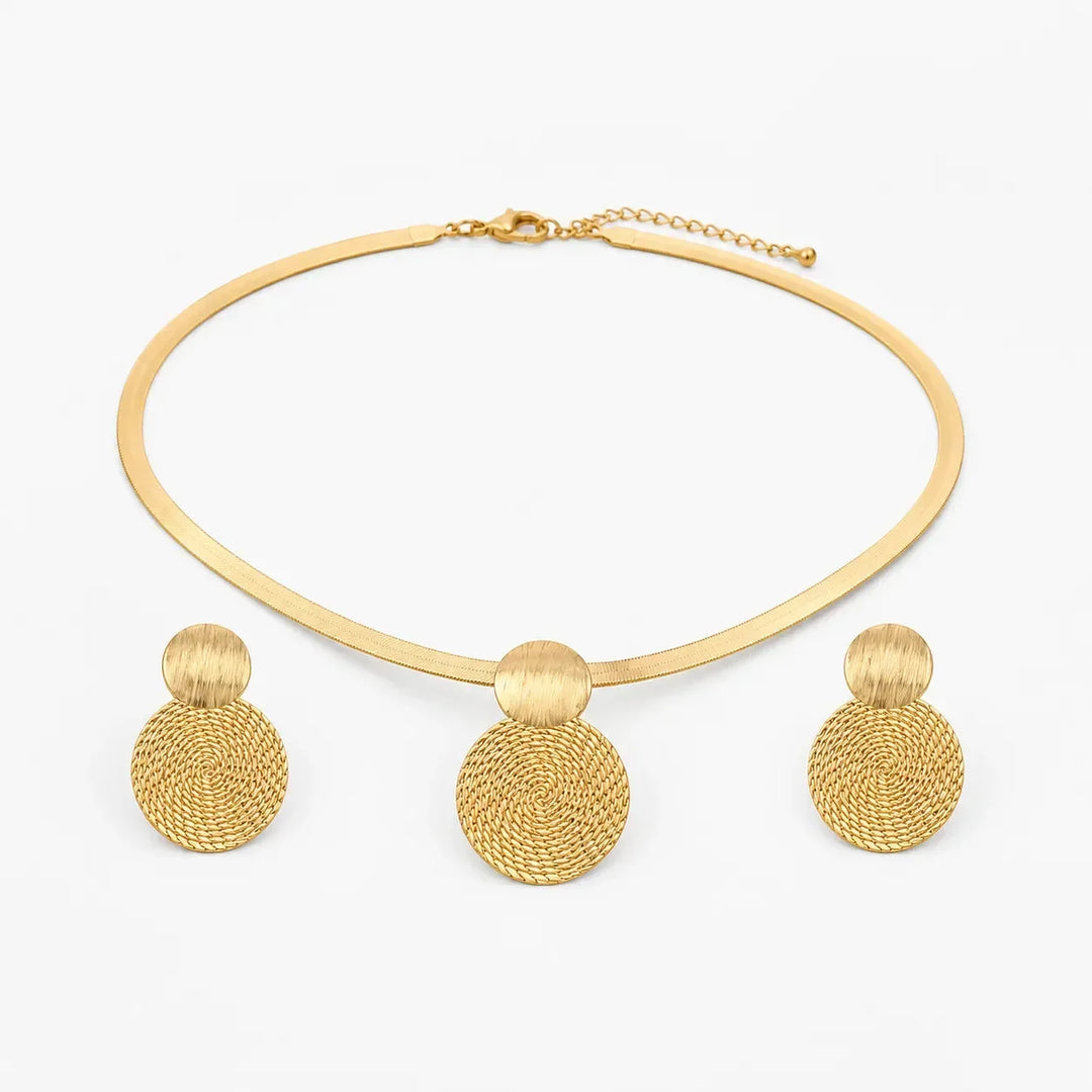 Aurenza Gold necklace and earring set, textured medallion, flat snake chain - Elena Harper