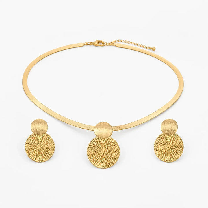 Aurenza Gold necklace and earring set, textured medallion, flat snake chain - Elena Harper