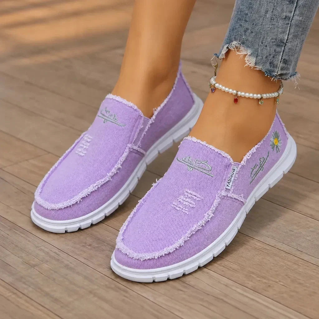 Breeza Women's Distressed Canvas Slip-On Loafers with Frayed Edges - Elena Harper