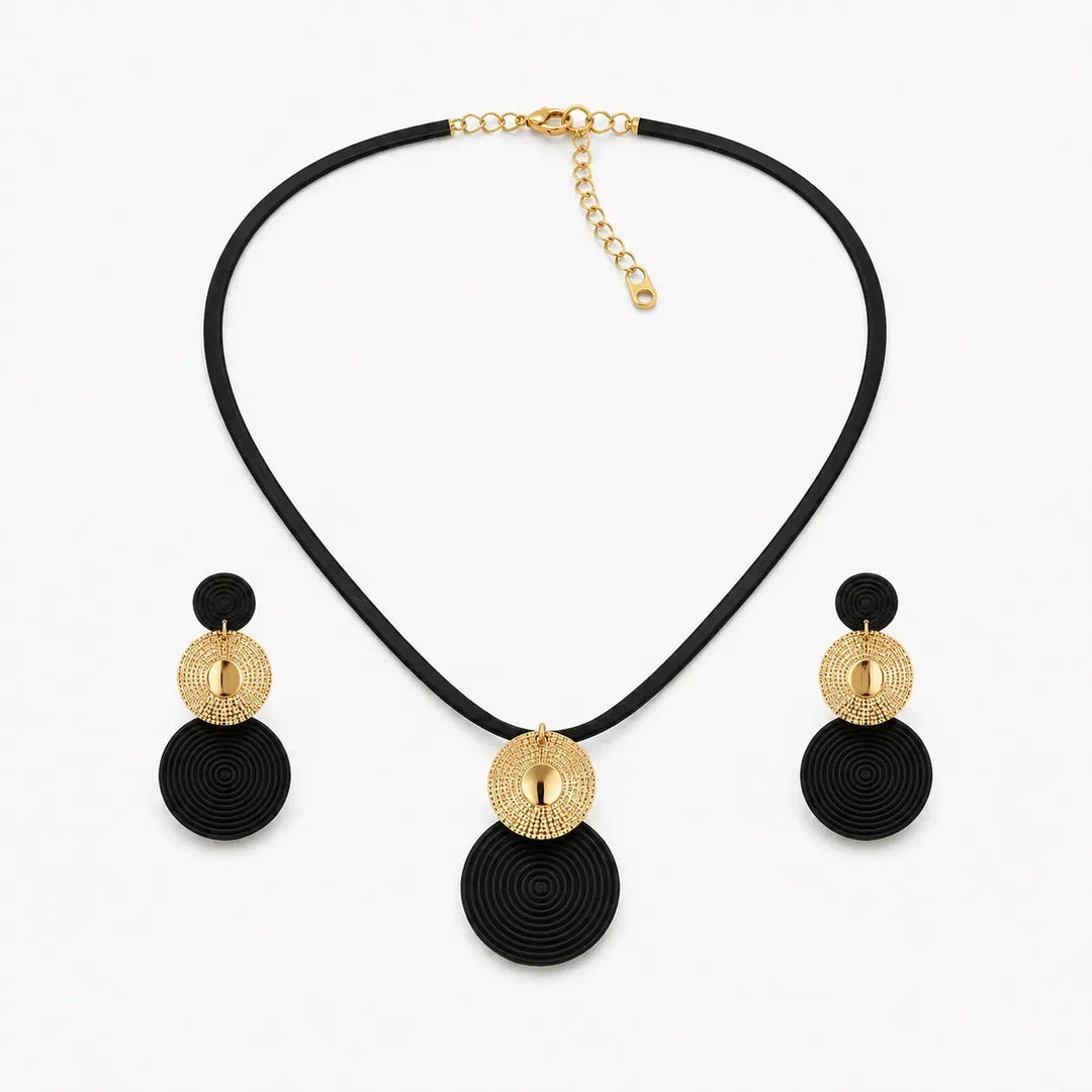 Aurenza Gold necklace and earring set, textured medallion, flat snake chain - Elena Harper