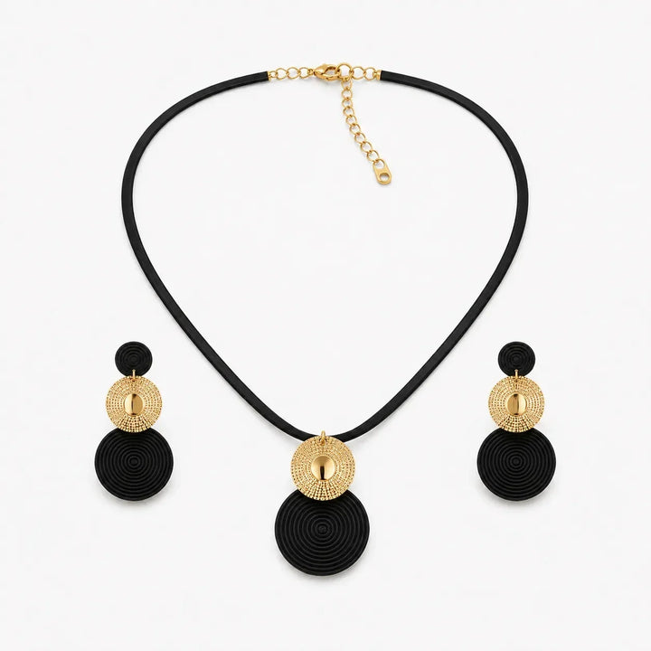 Aurenza Gold necklace and earring set, textured medallion, flat snake chain - Elena Harper