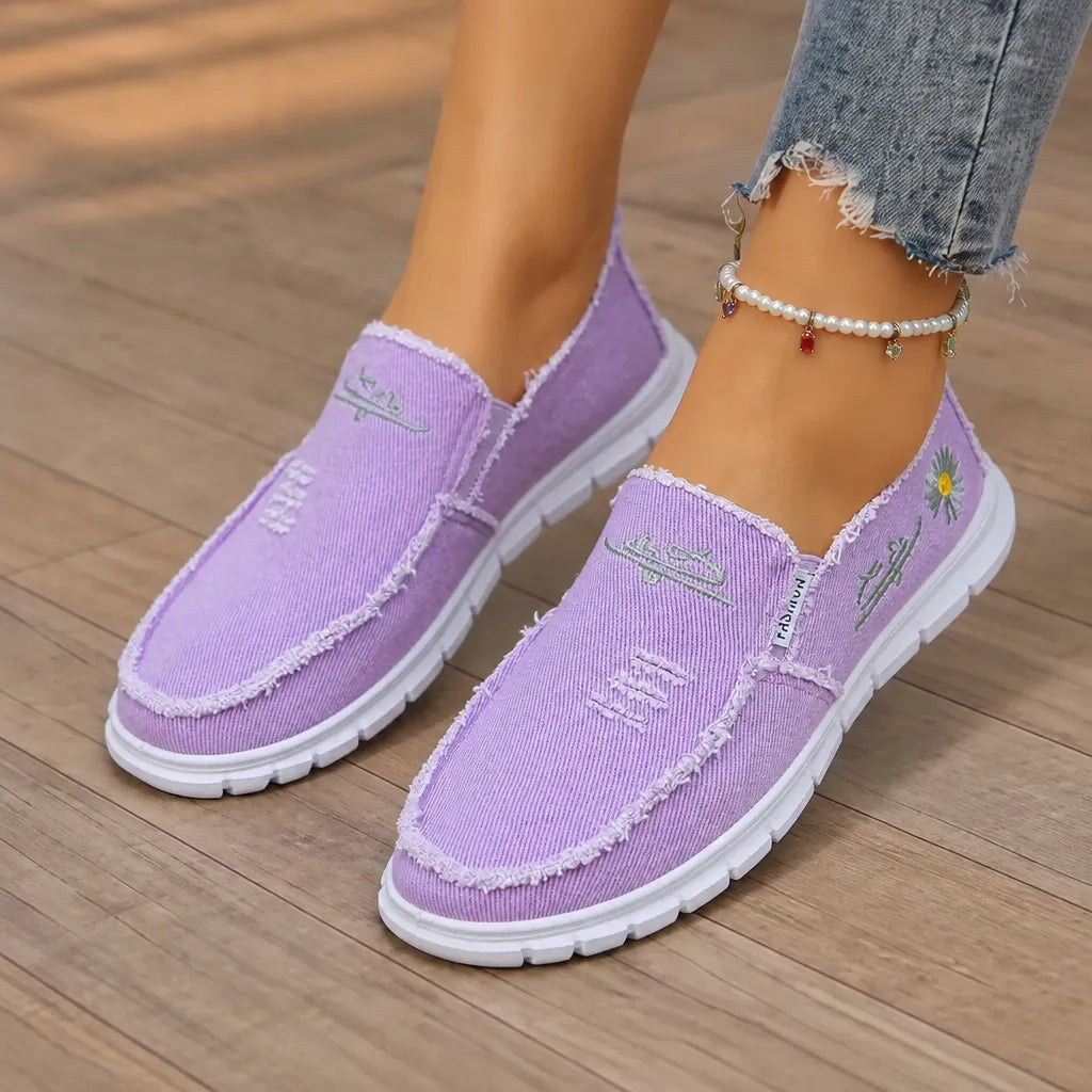 Breeza Women's Distressed Canvas Slip-On Loafers with Frayed Edges - Elena Harper