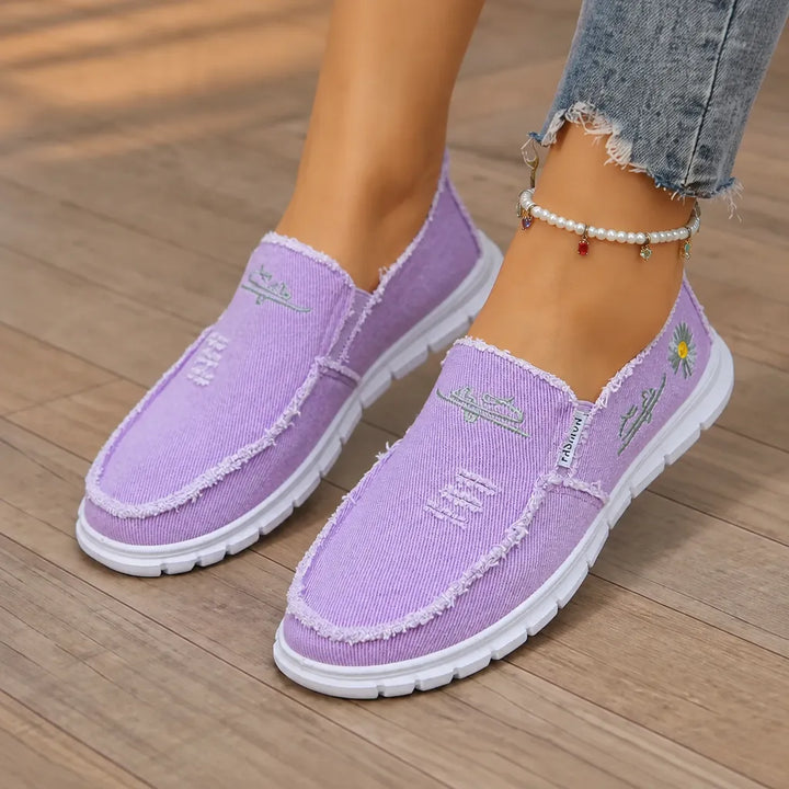 Breeza Women's Distressed Canvas Slip-On Loafers with Frayed Edges - Elena Harper