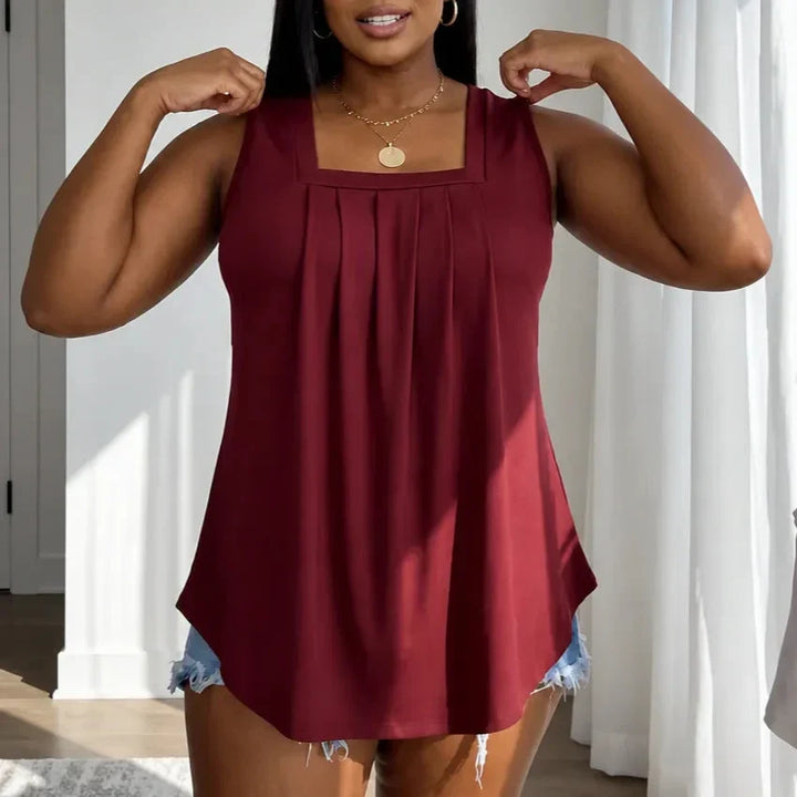 Bellara Pleated Square Neck Tank Top for Women, Loose Fit Summer Blouse - Elena Harper