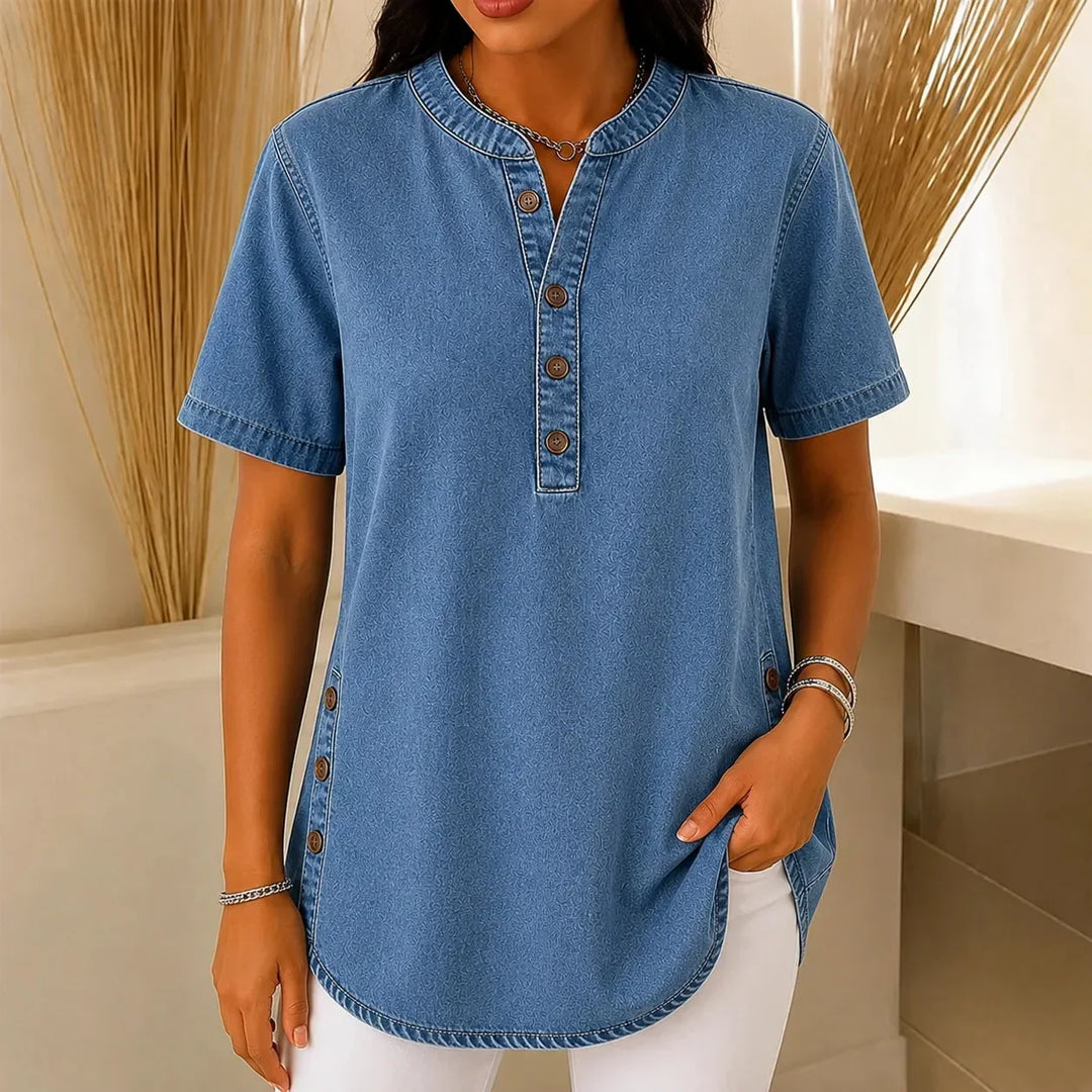 Avelyn Henley Tunic Top with Side Buttons for Women - Elena Harper