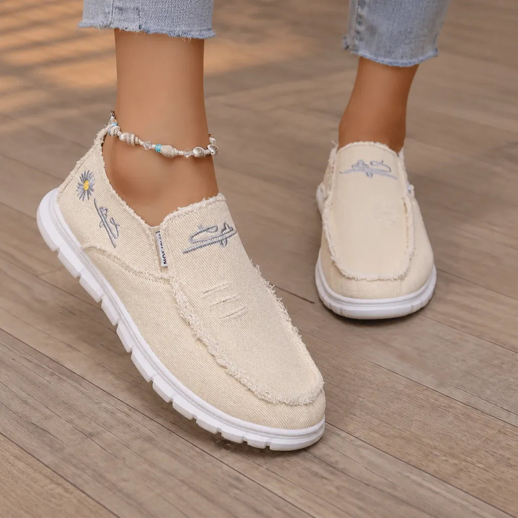 Breeza Women's Distressed Canvas Slip-On Loafers with Frayed Edges - Elena Harper